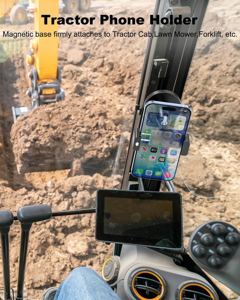 Magnetic Tractor Phone Holder, All Metal & Strong Magnet Base | 360° Heavy-Duty Phone Mount for Lawn Mower/ Construction Equipment/ Forklift/ Boat/ Gym for iPhone, Galaxy, All 4-7" Phones