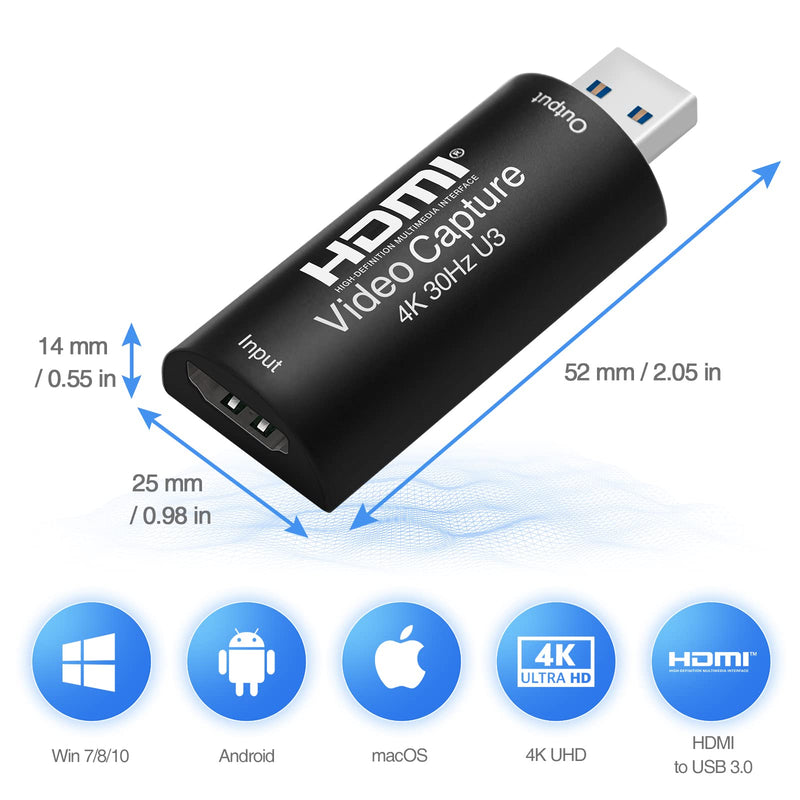 HDMI to USB 3.0 Video Capture Card, Cam Link 1080P60 Game Capture Card Device for Streaming Recorder, Live Broadcasting, Compatible with Nintendo Switch,Xbox,PS4 (VLC/OBS/Amcap) UCH701 USB 3.0 4K HDMI Video Capture Card