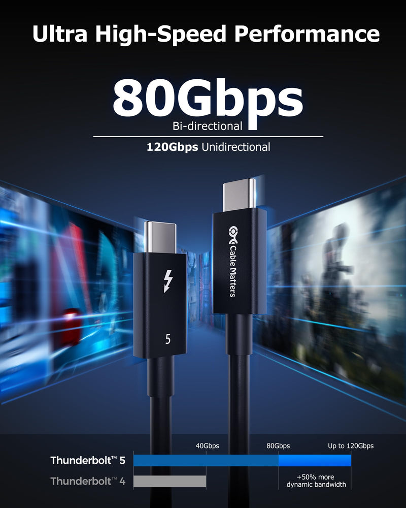 Cable Matters [Intel Certified] 80Gbps Thunderbolt 5 Cable with up to 120Gbps Bandwidth Boost and 240W Charging in Black - 0.3m / 1ft, Compatible with Thunderbolt 4, USB4, Thunderbolt 3 and USB-C 1 ft