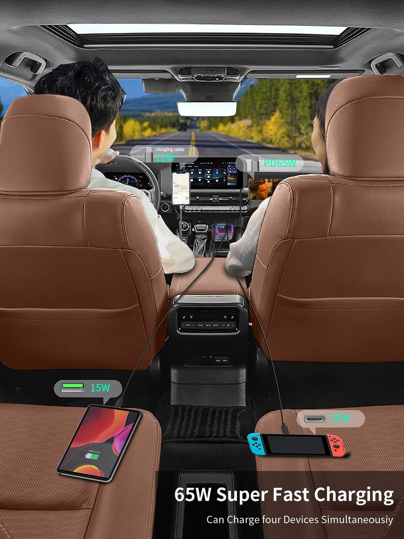3 in 1 Retractable Car Charger Adapter & FM Transmitter Bluetooth Mp3 Player- Max 65W + 18W with 2 PD Fast Charging,2 Retractable Cables & USB-A Music Playback for iPhone,iPad,Samsung,Pixel