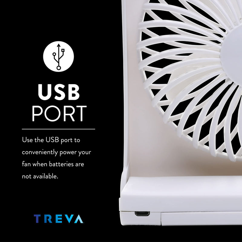 Treva 5-Inch USB And Battery Powered Desk Fan, With 2 Cooling Speeds And Adjustable Tilt (White)