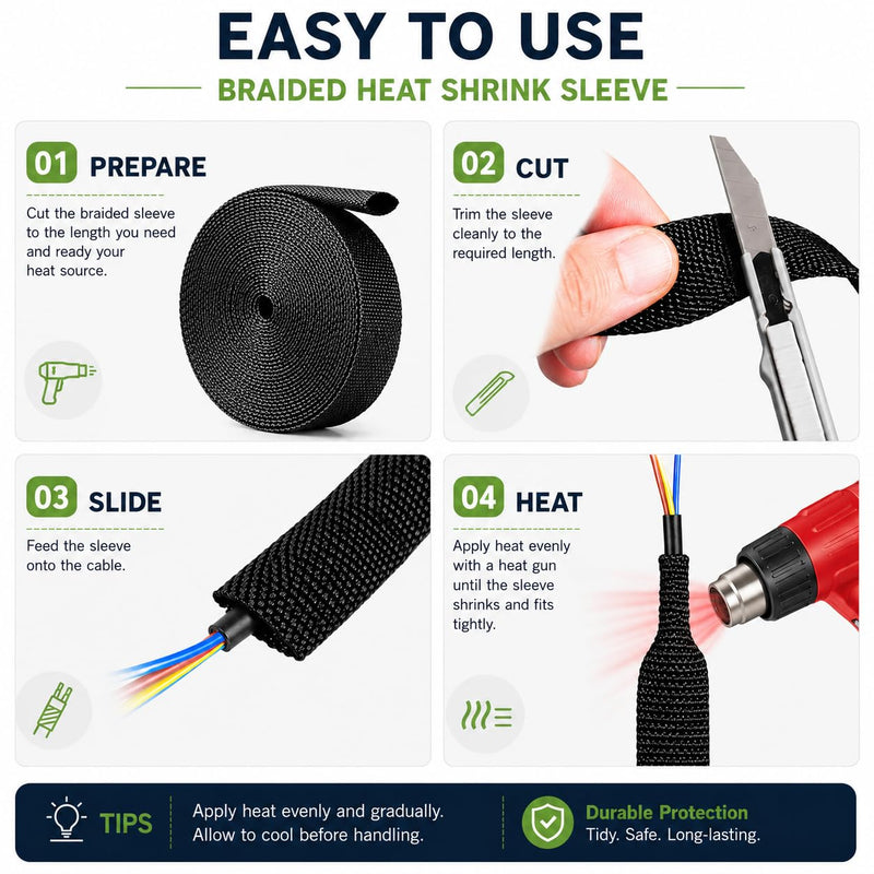 2:1 Heat Shrink Braided Sleeve 3/4 inch 20FT, Automotive Wear-Resistant Fabric Flat Woven Tubing, Flexible Abrasion Protection Sleeving for Wiring Harness, Cable Sheath, Wires & Hoses Protection 20mm-3/4" I.D x 20FT