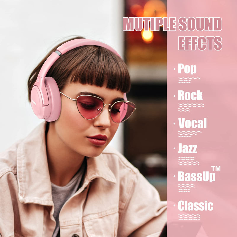 [AUSTRALIA] - Bluetooth Wireless Headphones Over Ear,BERIBES 65H Playtime and 6 EQ Music Modes with Microphone, HiFi Stereo Foldable Lightweight Headset, Deep Bass for Home Office Cellphone PC Etc.(Pink) Pink 