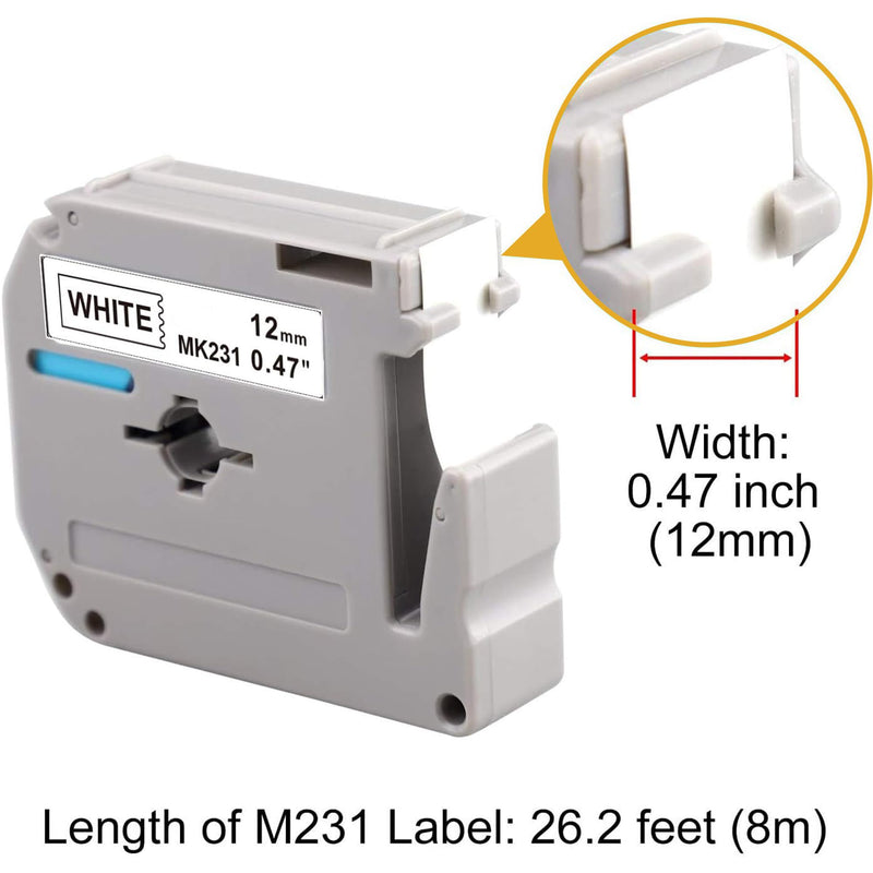 [AUSTRALIA] - 6-Pack M-K231 M Tape Compatible Label Tape Replacement for Brother P-Touch M231 MK231 M-231 M-K231S 12mm 0.47'' White Work with Brother Ptouch PT-65 PT-M95 PT-90 PT-70 PT-80 PT-70BM PT-45 Label Maker 