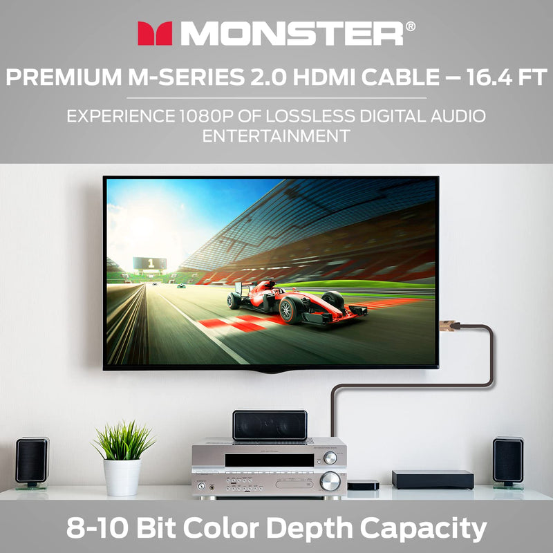 Monster M-Series Certified Premium HDMI Cable 2.0, High-Speed 22.5 Gbps, 4K UHD 60Hz, Triple-Layer Shielding, Duraflex Jacket, HDMI Cable for TV, Monitor, Gaming, PC, 16.4 ft 16.4-Feet