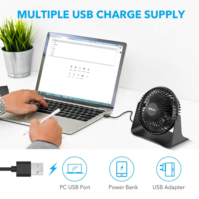 BESKAR USB Small Desk Fan - 6 Inch Portable Fans with 3 Speeds Strong Airflow, Quiet Operation and 360°Rotate, Personal Table Fan for Home,Office, Bedroom - 3.9 ft Cord Black