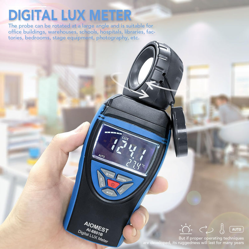 AIOMEST Digital Lux Meter, Illuminance Light Tester Measures 0.1~400,000 Lux/FC, Foot Candles Lumens Detector with Data Storage 270° Rotatable Head for Plants Office LED Luminosity, AI-8801B