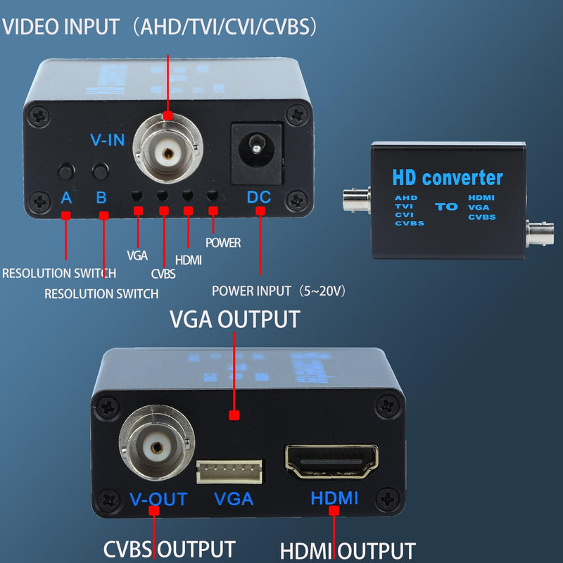 [AUSTRALIA] - BNC Cable to HDMI Video Signal Convertor,Audio Video Capture Converte,4 in 1 HD Convertor AHD/TVI/CVI/CVBS Signal to HDMI/VGA/CVBS 1080p for Camera/DVR/CCTV Security System 