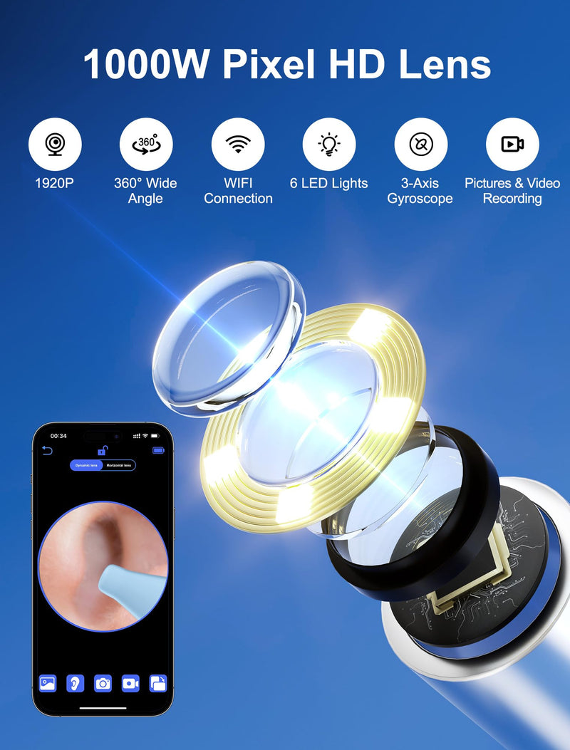 [AUSTRALIA] - NEUTYPECHIC Ear Wax Remover Otoscope Wifi Ear Cleaner Camera HD Wireless Waterproof Ear Mirror 360° Wide Angle Ear Cleaner with 3.5 mm Lens and 6 LEDs for iPhone, iPad and Android Smartphones 