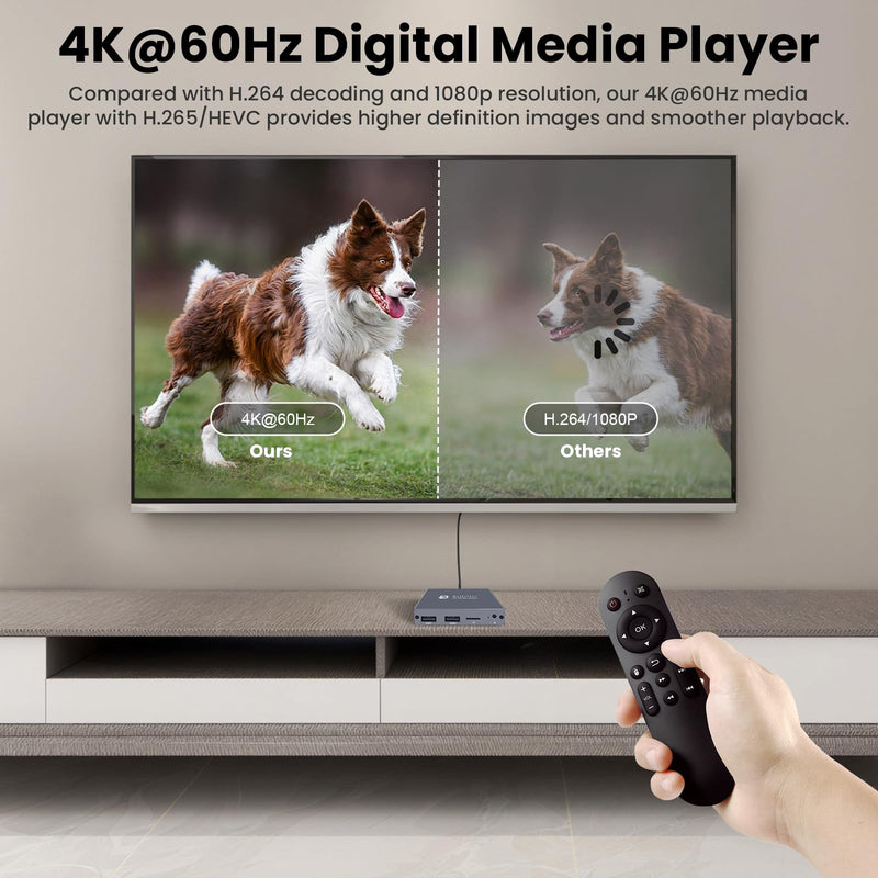 ByDiffer 4K Digital Media Player, TV MP4 Video Player for USB Drive/TF Card, 4K@60Hz Digital Signage HD Media Players with HDMI/AV/Optical, H.265/HEVC, Looping Auto Playback, Grey