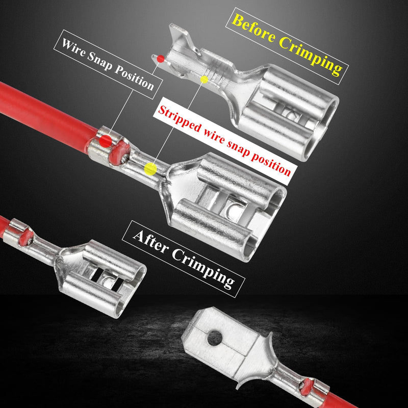 100 x thickened 6.3 mm blade receptacles and 100 x flat connectors, brass tinning, highly conductive blade receptacles 6.3 mm with insulating sleeves 6.3mm Spade Connectors