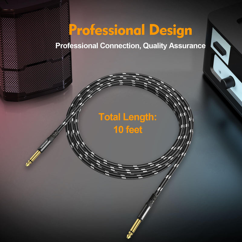 HOSONGIN Guitar Cable 2 Pack 10ft - 1/4 Inch Electric Instrument Cable Bass AMP Cord for Electric Guitar, Bass Guitar, Electric Mandolin, Pro Audio - Black/White Braided Tweed, 24K Gold Plated Plug 10 Feet 1/4" TS Mono Guitar Cable
