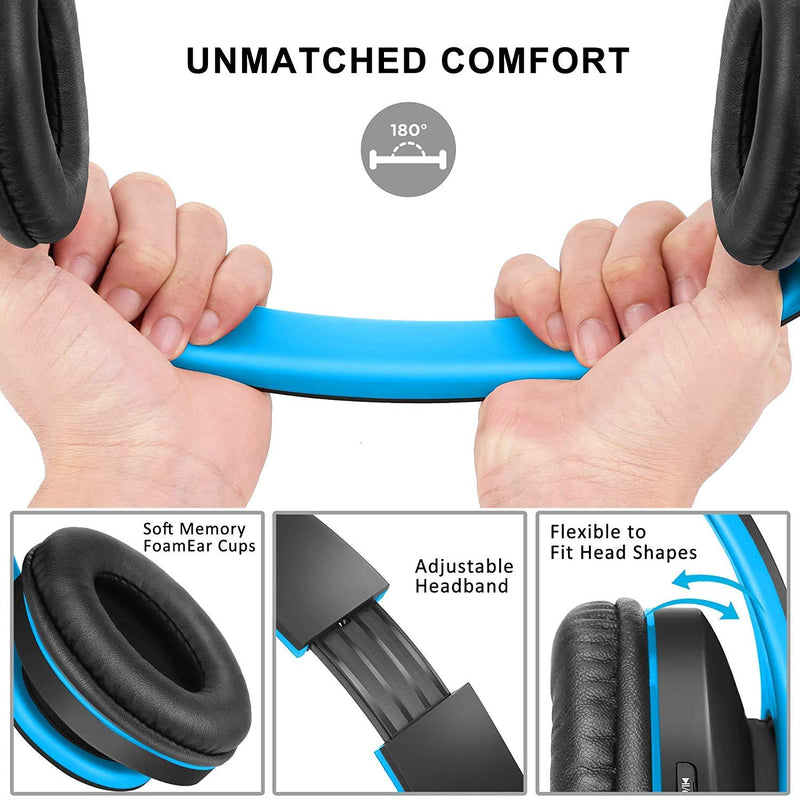 Wireless Over-Ear Headset with Deep Bass, Bluetooth and Wired Stereo Headphones Buit in Mic for Cell Phone, TV, PC,Soft Earmuffs &Light Weight for Prolonged Wearing by Zihnic (Black/Blue) Black Blue
