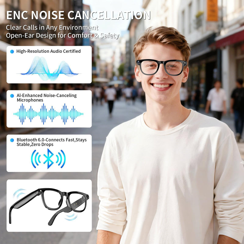 AI Translation Smart Glasses with Built-in AI Assistant & 800W Camera, ENC Noise Cancelling, USB-C Fast Charge for International Travel and Business Meetings Black