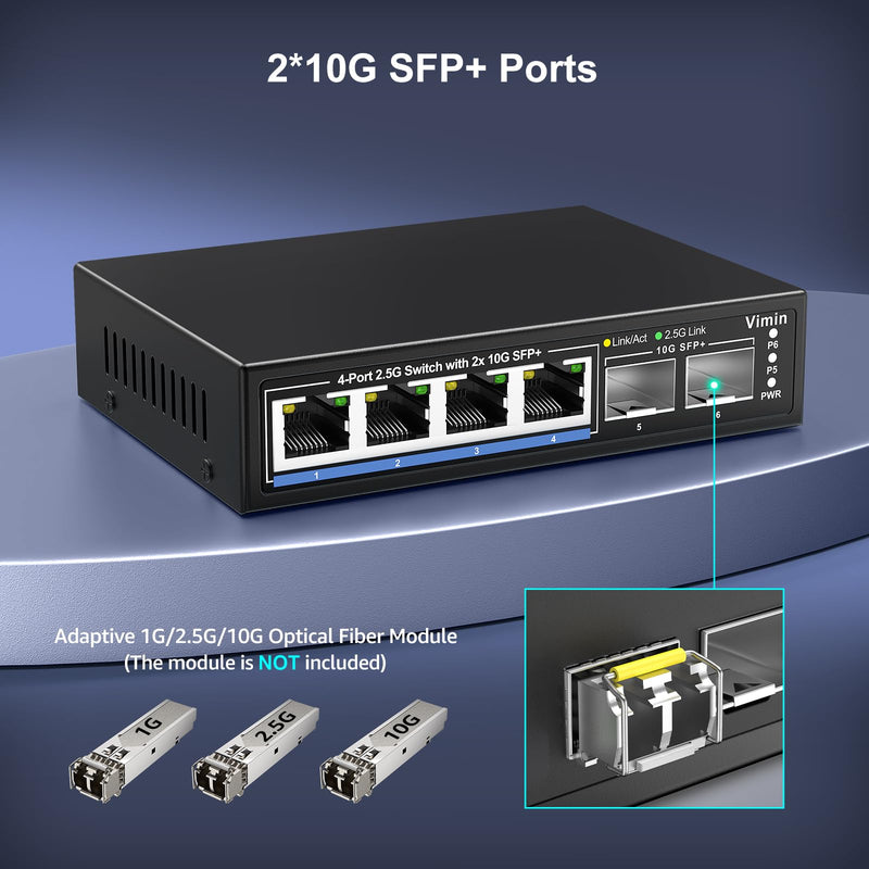 6 Port 2.5G Unmanaged Network Switch, VIMIN 4X 2.5Gbase-T Ports, 2X 10G SFP+ Port, 60Gbps Switching Capacity, IEEE802.3, Metal Housing, Fanless, Work for 2.5Gbps NAS, Wireless AP & PC 4 Port 2.5G Switch