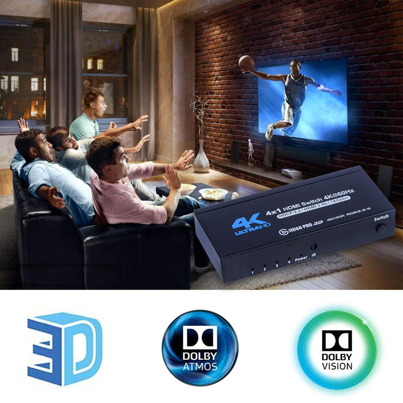4K HDMI Switch 4x1, 4K@60Hz 4 in 1 Out HDMI Switcher Selector with IR Remote Control, Supports HDCP 2.2 4K@60Hz UltraHD HDR10 3D HD1080P Dolby DST, HDMI Splitter for PS4 Xbox Apple TV Fire Stick