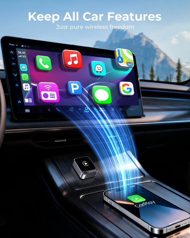 Jemluse Wireless CarPlay Adapter for Apple - Mini Size, Fast Stable Connection Convert Wired to Wireless Car Play Dongle for iPhone iOS 10+, Plug & Play for Cars from 2016+ w/USB-C (Grey) Grey