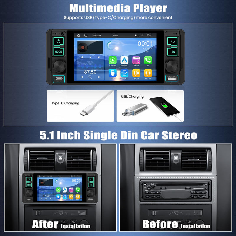 Single Din Car Radio with Wireless CarPlay & Android Auto,5.1 Inch HD IPS Touchscreen Single Din Stereo with Bluetooth Backup Camera,1 Din Car Radio Supports Bluetooth/SWC/FM Radio/USB/TF
