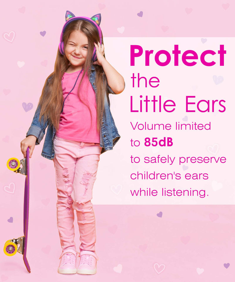 [AUSTRALIA] - FosPower Kids Headphones with LED Cat Ears (Safe Volume Limit 85 dB), 3.5mm On-Ear Wired Headphones with Laced Tangle-Free Cables for Boys/Girls/School/Travel - Hot Pink/Purple Hot Pink / Purple 