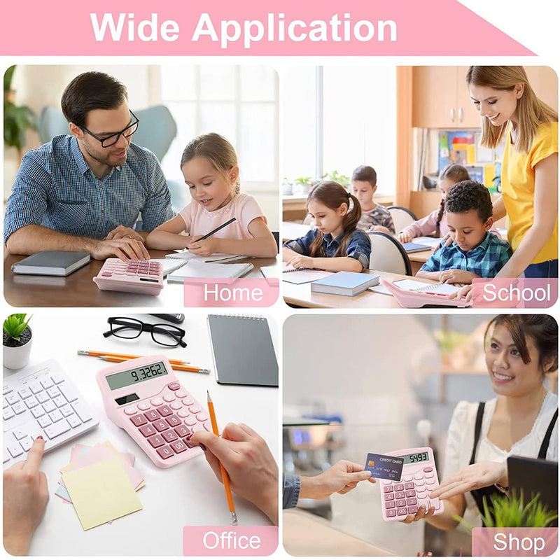 Office Calculators Desktop, 12-Digit Dual Power Cute Calculator with Large LCD Display Big Button for Office Home and School (Pink) Pink