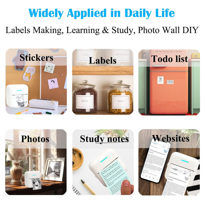 Mini Portable Printer, Inkless Sticker Printer with 12 Rolls Paper, Mini Thermal Printer for Notes/Photos/Stickers/Labels/Receipts, Pocket Printer for iPhone, Android Phone & Tablet, White