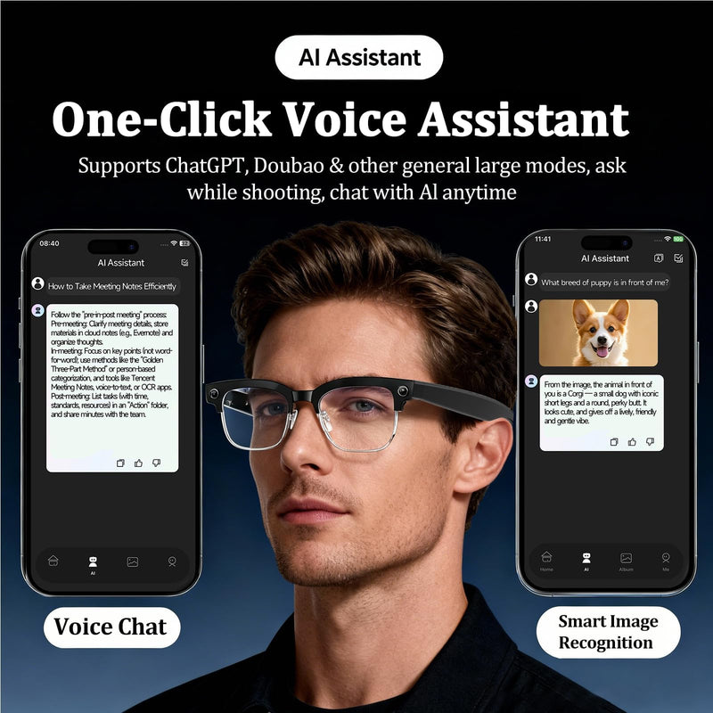 AI Smart Glasses with Camera, 8MP Anti-Shake Bluetooth Camera Glasses,1080P Video Recording Dual Mic Noise Reduction, Real Time Translation&Simultaneous Interpretation, 290mAh Capacity(W630)