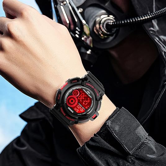 Mens Military Multifunction Digital Watches 50M Water Resistant Electronic 7 Color LED Backlight Black Sports Watch red