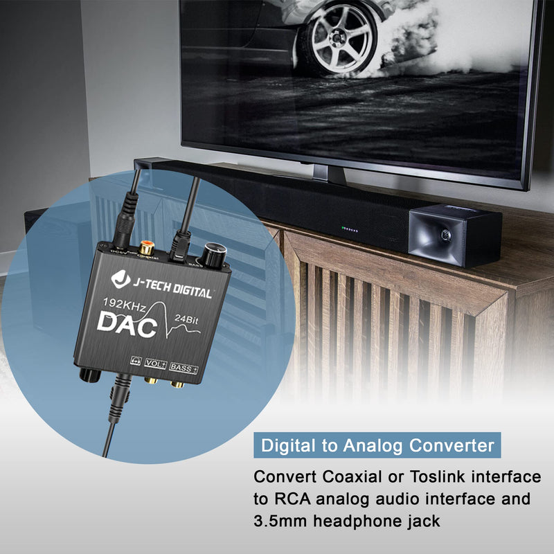 Digital to Analog Audio Converter with Headphone Amplifier & Bass Control by J-Tech Digital | 192kHz 24bit Optical Coaxial RCA 3.5mm DAC Converter Optical to 3.5mm