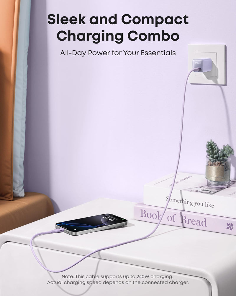 Anker Go Kit, Nano USB-C Cable, 240W Flexible Braided Cord, Nano Charger, 30W USB-C GaN Charger, Fast Charging for iPhone 17 Series, MacBook Pro, and More (Purple, 6 ft