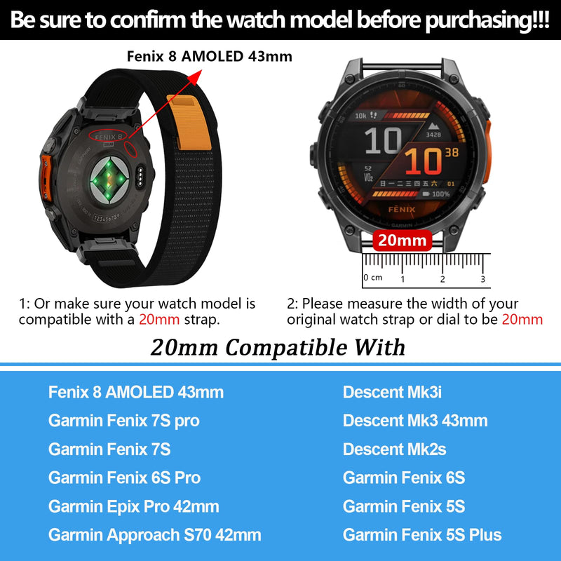 20mm Nylon Watch Band Compatible with Garmin Fenix 8 AMOLED 43mm/Fenix 7S Pro/7S/6S Pro/6S/5S plus/5S,Sport Watch Straps For Garmin Descent Mk3-43mm/Mk3i-43mm/Mk2s/Approach S70 42mm 3pack1
