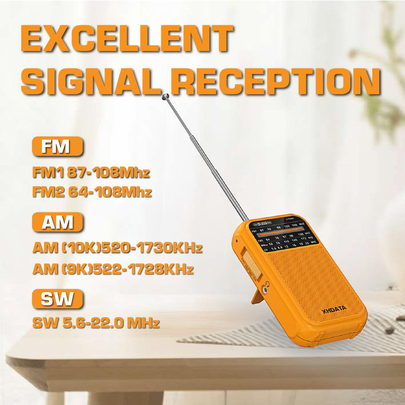 D220 Portable Radio AM FM SW Shortwave Radio Receiver Pocket Radio, 2 AA Battery Operated, Transistor Radio with Excellent Reception for Gift, Family, Elder (Orange) Orange
