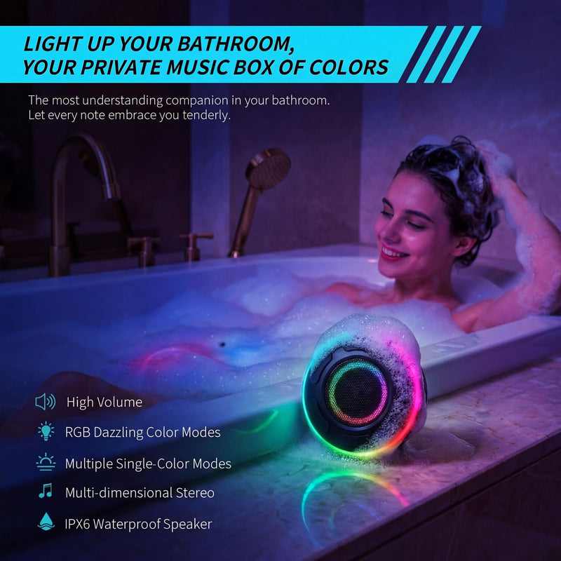 [AUSTRALIA] - Portable Bluetooth Speaker with vibrant led lights, IPX6 Waterproof, Loud Stereo Sound,Hands-Free Calling/Radio, for Shower, Beach, Outdoors, Over 10 H Playtime, Mini/Small, Suction Cup & Hook 