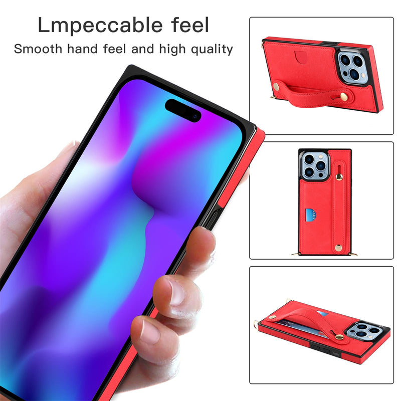 CCSmall for iPhone 15 Pro Max Case with Card Holder for Women, Phone Case Crossbody with Wrist Strap & Removable Adjustable Shoulder Lanyard Cover for iPhone 15 Pro Max KB Red