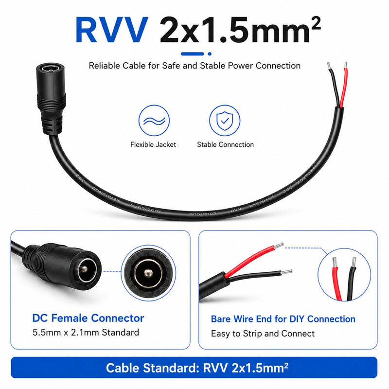 4Pcs 1FT 14AWG 15A 12V DC Power Pigtail Cable, 5.5mm x 2.1mm Male Barrel Plug to Bare Wire Open End Repair Cable for CCTV Security Camera DVR LED Strip Light