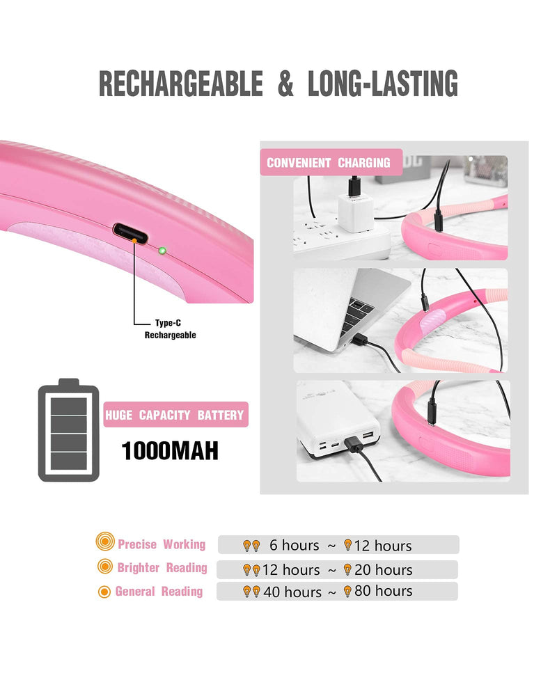 Glocusent LED Neck Reading Light, Book Light for Reading in Bed, 3 Colors, 6 Brightness Levels, Bendable Arms, Rechargeable, Long Lasting, Pink, Perfect for Reading, Knitting, Camping, Repairing