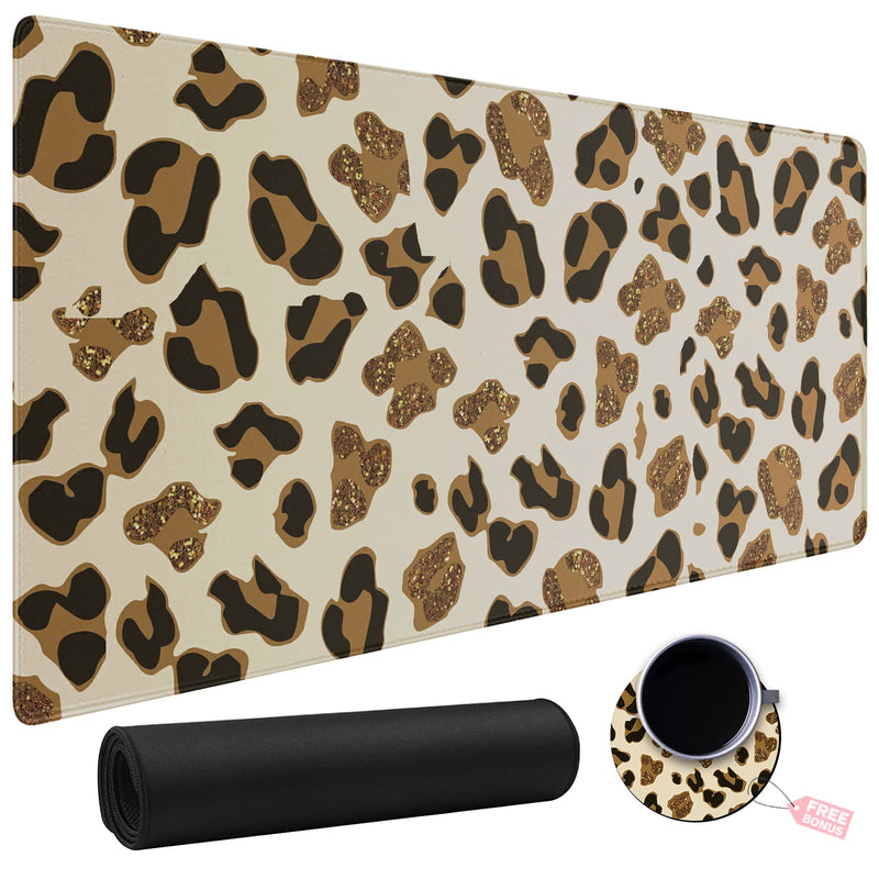 Leopard Glitter Mouse Pad Large with Coaster, 35.4"x15.7" Full Desk Mousepad Stitched Edges Non Slip Base Desk Pad Extended Large Gaming XXL Mouse Pad for Desk Office Home XXL-35.4"x15.7"x0.12" Leopard Glitter