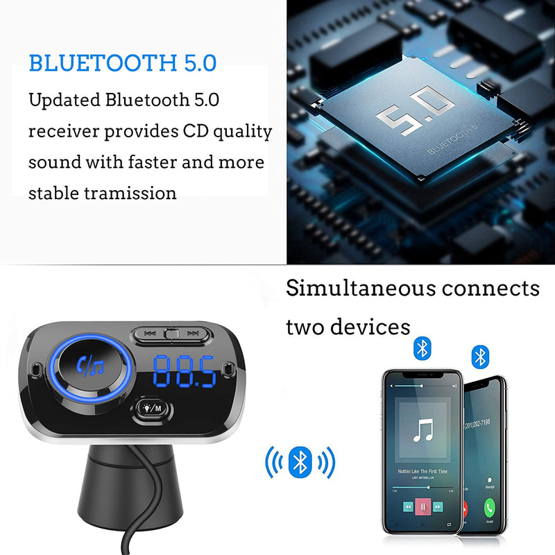 [AUSTRALIA] - FM Transmitter Bluetooth 5.0 Hands-Free Car Kit with Quick Charge QC 3.0 Car Radio Adapter with Microphone CVC Noise Reduction 
