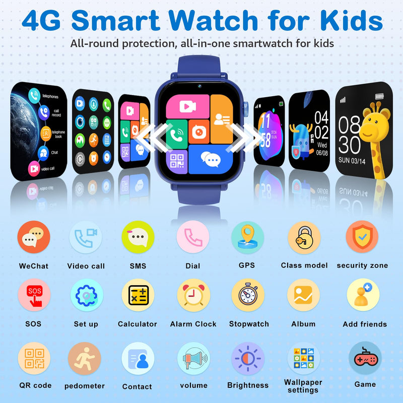 Kids Smart Watch for Boys Girls, 4G Smartwatch Phone for Children with GPS, Call, SOS, Video/Voice Chat, Parental App, Alarm, HD Touchscreen Watches for Kid Gifts Ages 4-12, Bright Blue