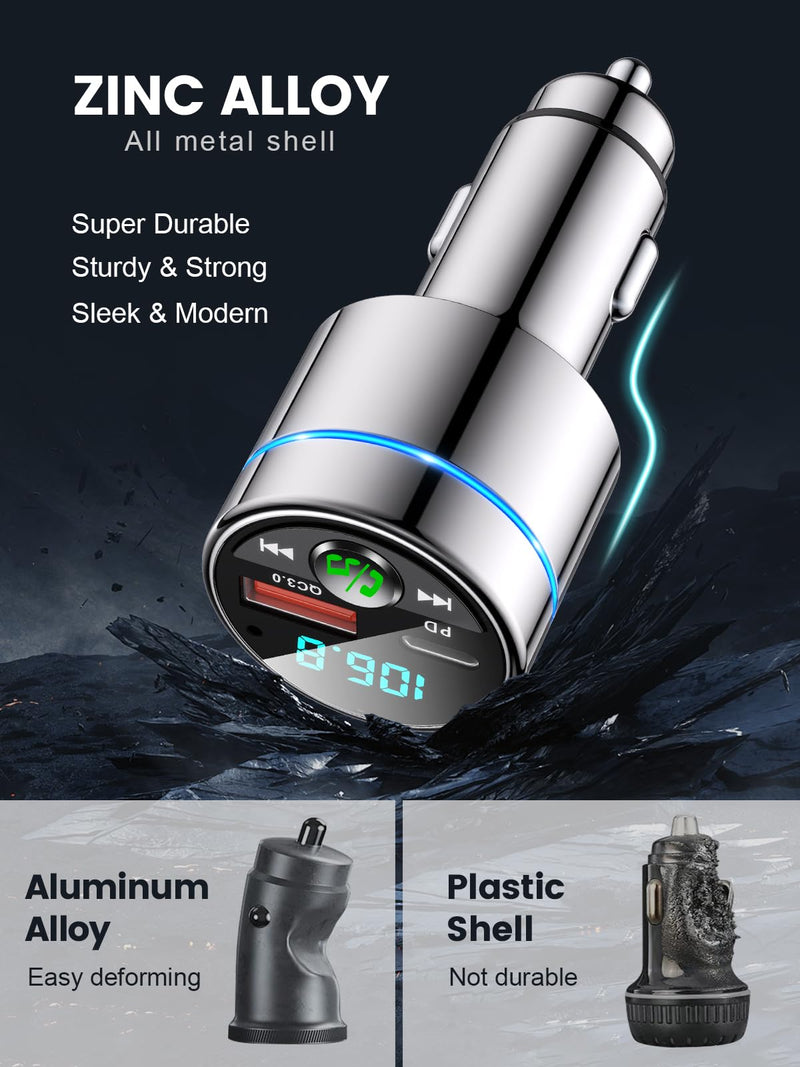 FM Transmitter for Car Bluetooth 5.3, [All-Metal] PD 30W & QC3.0 18W Fast Car Charger, Wireless FM Radio Car Kit Bluetooth Car Adapter, Noise Cancelling Hands-Free Call, Blue Light - Silver