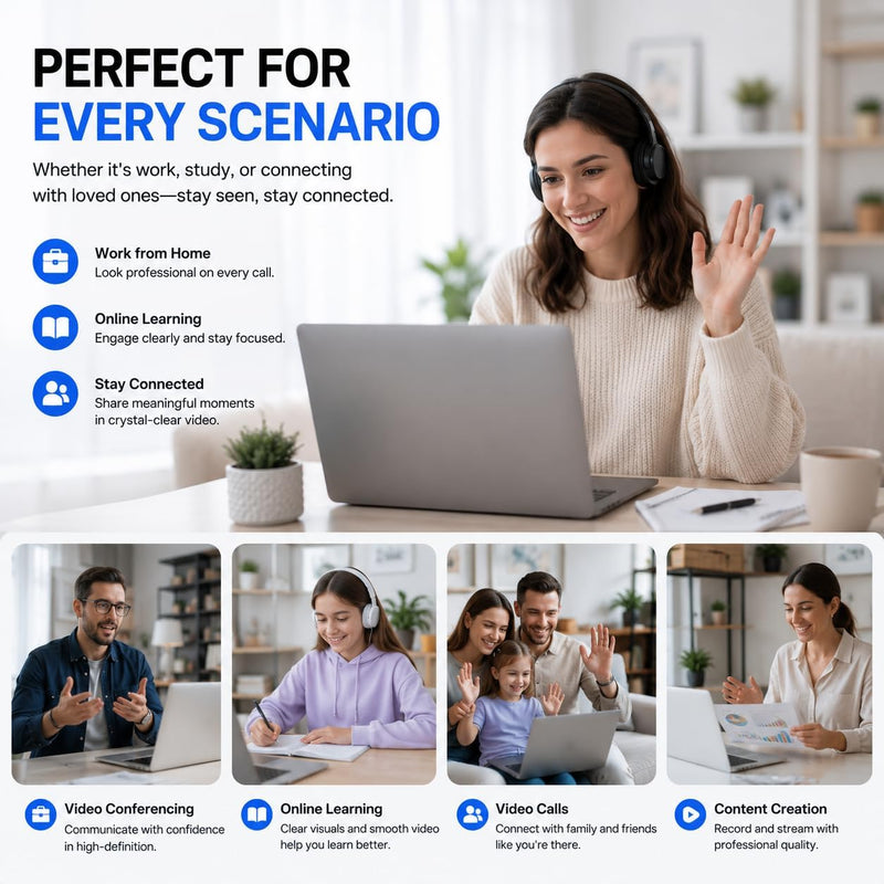 1080P Webcam with Microphone, Privacy Cover & USB-C Adapter | 105° FOV, Fixed Focus, Auto Light Correction, Plug & Play USB-A Camera with Tripod for Zoom, Teams, FaceTime and YouTube 1080p
