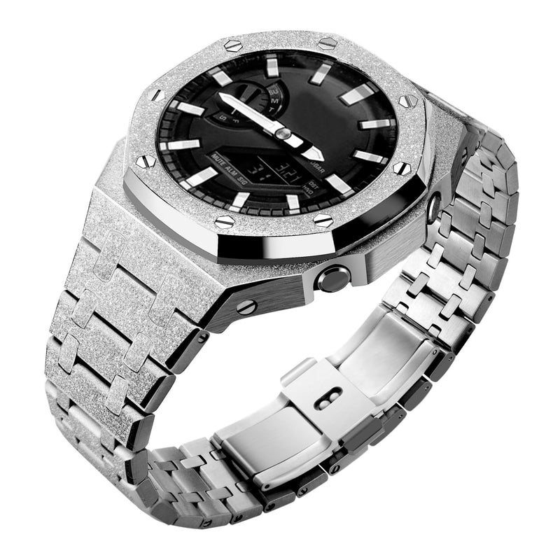 BMT GA2100 Watch Band Case Mod Kit, Stainless Steel Strap Bezel Replacement Accessories Frosted Surface Compatible with Men's Watches G-Shock GA-2100/GA-2110/GA-B2100 Frost Silver