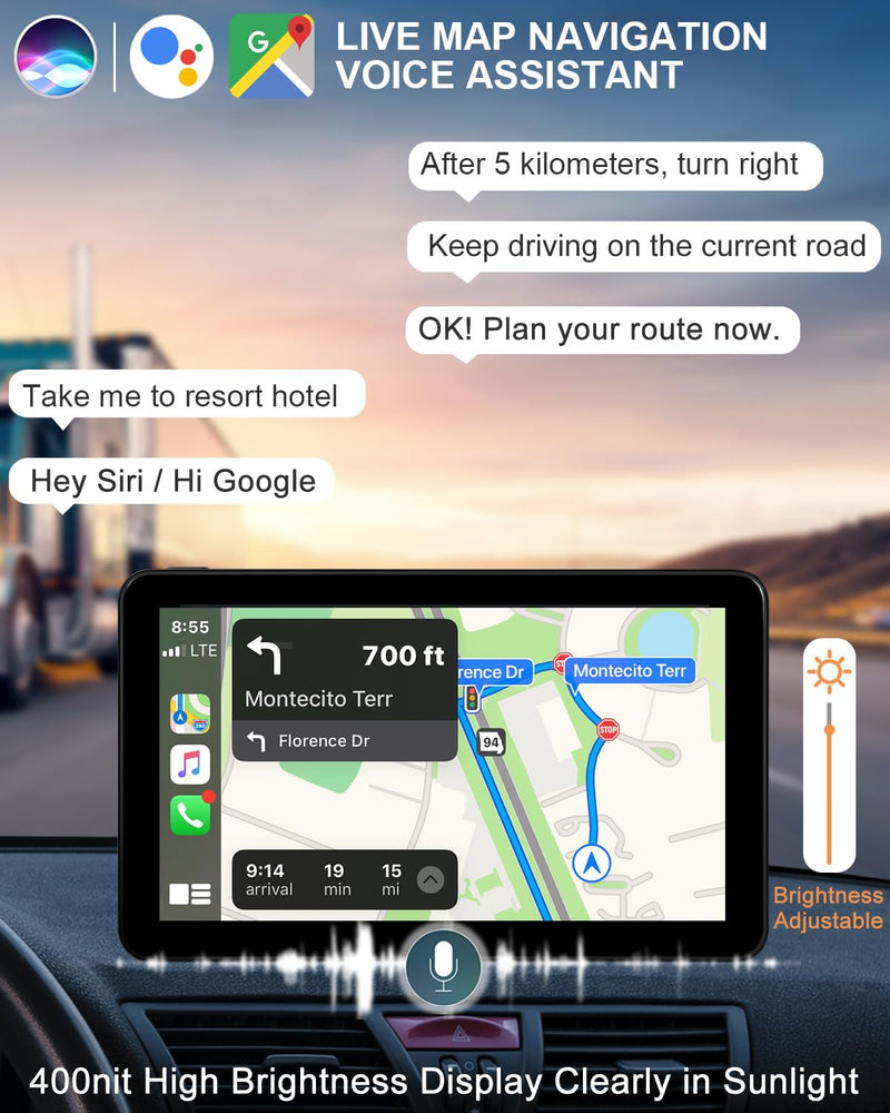 Wireless CarPlay Screen Android Auto for Car, 7" Car Stereo Touch Screen Naivgation Portable CarPlay Bluetooth Mirror Link, Siri, AirPlay, AUX, Voice Assistant for All Vehicles 7 Inch