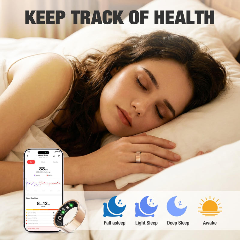 Smart Ring with Heart Rate, Blood Oxygen, Sleep Tracker, Step Tracker | IP68 Waterproof Fitness Tracker Fitness Ring for Women Men, Compatible with iOS & Android Gold 9