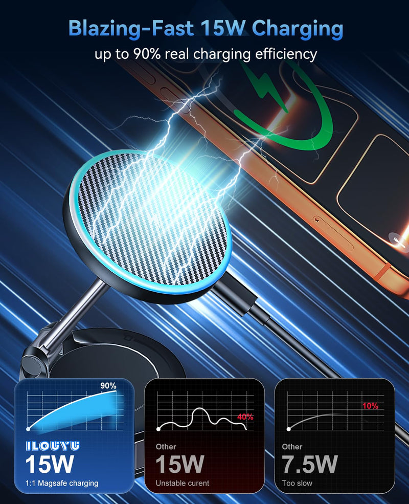 ILOUYU iPhone Car Mount Charger [15W Fast Wireless Charging, 120+ LB Strongest Suction & 2800gf Strongest Magnetic] 360° Adjustable Car Phone Holders for Your car, for iPhone 17 16 15 14 13 12 Series
