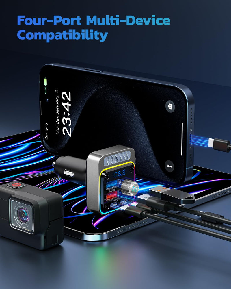 Nulaxy 54W Bluetooth 5.3 Car Adapter with 4 Charging Ports [PD 36W & QC3.0 18W], Wireless Radio FM Transmitter with Deep Bass Player & 5 Colors LED Backlit, Hands-Free Calling - Silver