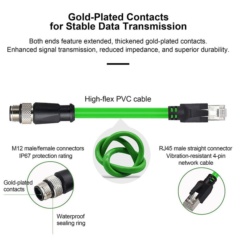 M12 D-Code 4-Pin Male to RJ45 Industrial Ethernet Cable, 10M (32.8ft), 24AWG CAT5e SFTP Shielded PVC, IP67 Waterproof, for Profinet, Cognex, Keyence, Basler Vision Camera & Automation Green