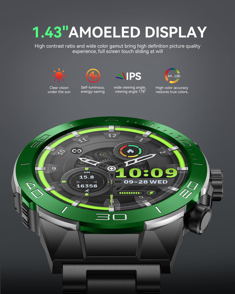 SOUYIE Men's Luxury Smart Watch - 1.43" AMOLED Display Smartwatch with HD Bluetooth Calling, 400mAh 30-Day Battery, 100+ Sports Modes, Health Monitor with Metal/Silicone Straps for Android iPhone