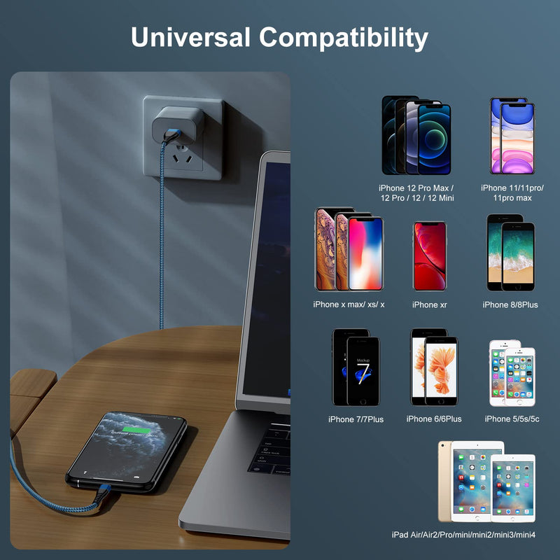 (3 Pack) Apple MFi Certified Lightning Cable 6ft, Essri Long iPhone Charger Strong Nylon Braided Charging Cable 6 Foot, Fast iPhone USB Cord for Apple iPhone11/ X/XS/XR/8/7/6/5S/SE/iPad Mini Air（Blue） Blue 3Pack6Feet