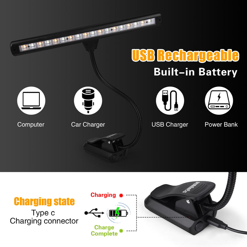 Clip On Music Stand Light,18LED Rechargeable Piano Light, Orchestra Light 3 Colors & 2 Levels Brightness Settings,Perfect for Piano, Keyboard,Orchestra,DJ,Craft and Reading
