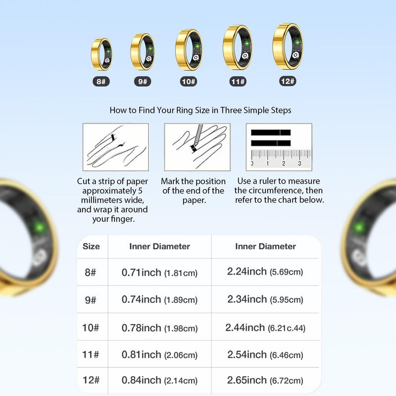 Smart Ring Fitness Tracker, Sleep & Health Tracking Ring for Men Women | Sleep & Fitness Monitor with Heart Rate Sensor, 5ATM Waterproof Tracker for Men & Women, iOS & Android Compatible (Gold, 10) Gold #10
